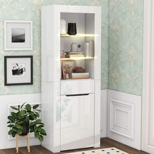 Vitrine Moderne Avec 1 Placard, 1 Tiroir Et 2 Étagères, Structure En Panneau De Particules, Blanc