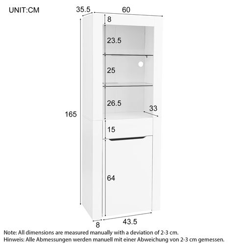 Vitrine Moderne Avec 1 Placard, 1 Tiroir Et 2 Étagères, Structure En Panneau De Particules, Blanc
