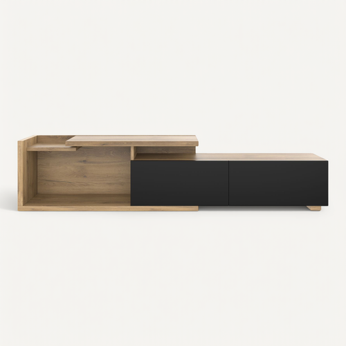 Meuble TV Extensible L.133,5-200 Cm Modulable Avec LED, 2 Tiroirs Et Structure Bois Stable