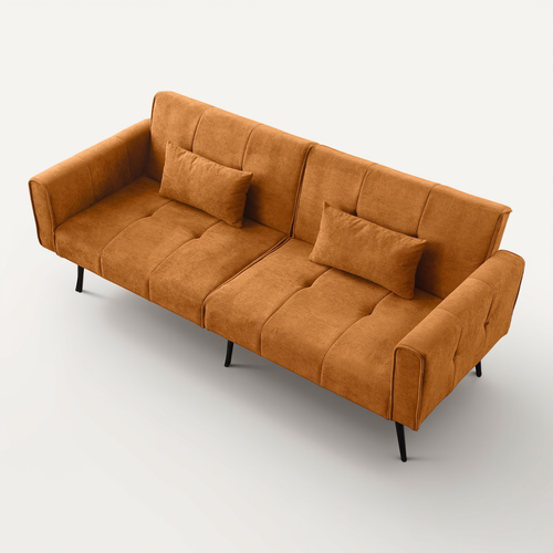 Canapé Convertible Double 2 Places En Tissu Orange Doux, Structure Bois Et Pieds Métal, Confortable