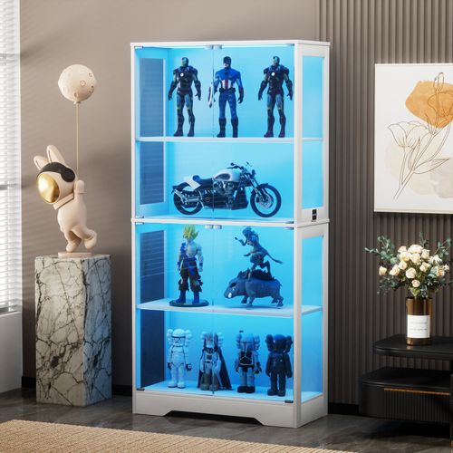 Vitrine Blanche Haut.165 Cm LED, Capteur De Mouvement, 4 Portes Vitrées