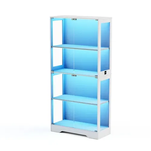 Vitrine Blanche Haut.165 Cm LED, Capteur De Mouvement, 4 Portes Vitrées