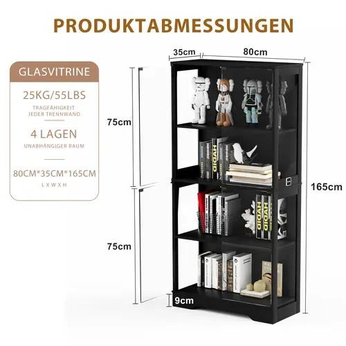 Vitrine LED En Verre Noire Haut.165 Cm, Capteur De Mouvement, 4 Portes Vitrées, 4 Étagères