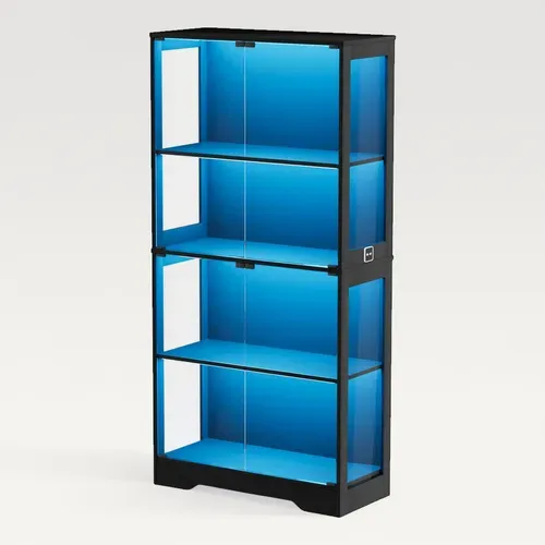 Vitrine LED En Verre Noire Haut.165 Cm, Capteur De Mouvement, 4 Portes Vitrées, 4 Étagères