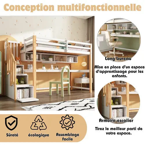 Lit Mezzanine Enfant 90x200 Cm Avec Grand Bureau Et Étagères, Naturel Et Blanc