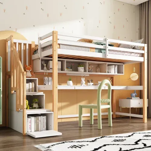 Lit Mezzanine Enfant 90x200 Cm Avec Grand Bureau Et Étagères, Naturel Et Blanc