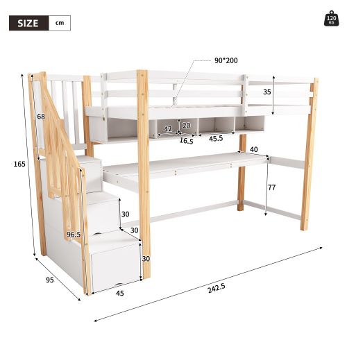 Lit Mezzanine Enfant 90x200 Cm Avec Grand Bureau Et Étagères, Naturel Et Blanc