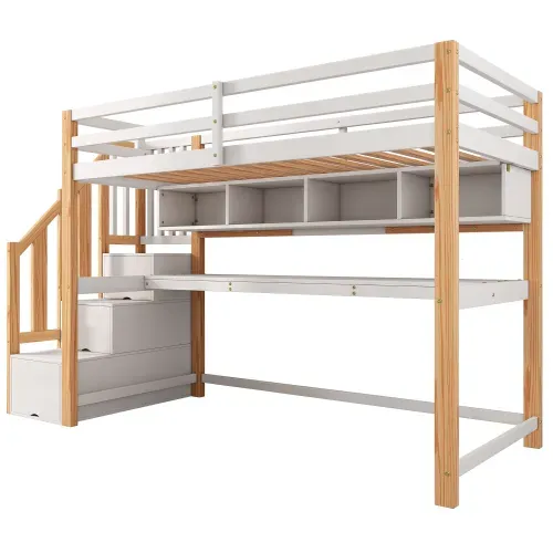 Lit Mezzanine Enfant 90x200 Cm Avec Grand Bureau Et Étagères, Naturel Et Blanc