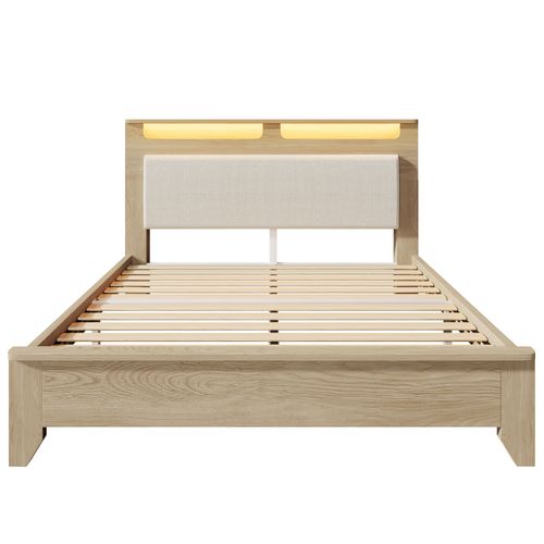 Lit Double En Bois 160x200cm, Tête De Lit Avec Rangement, LED, Sommier à Lattes, Chêne Clair
