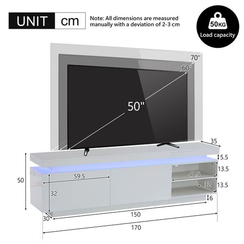 Meuble TV LED Moderne 170x35x50cm, Adapté Aux Téléviseurs De 70 Pouces, 2 Portes, Blanc Brillant