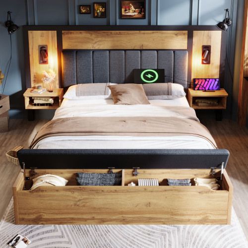 Lit Adulte 180x200 cm avec Rangement, Banc Coffre, Lampe & USB-C