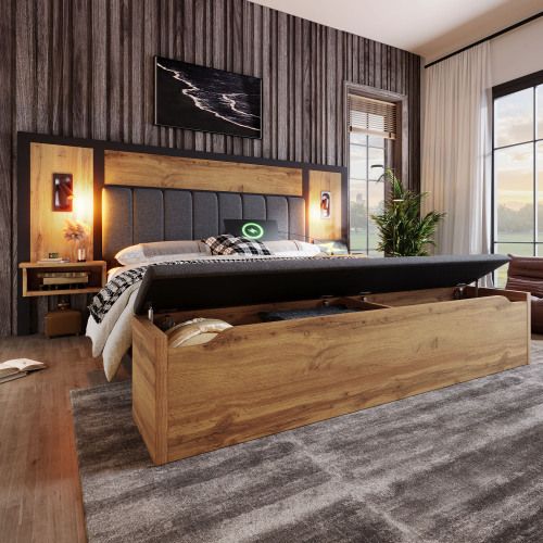 Lit Adulte 180x200 cm avec Rangement, Banc Coffre, Lampe & USB-C