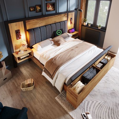 Lit Adulte 160x200 Cm, Lit Avec Lampe Et USB C, Table De Chevet Et Banc, En Bois Et Lin, Chêne