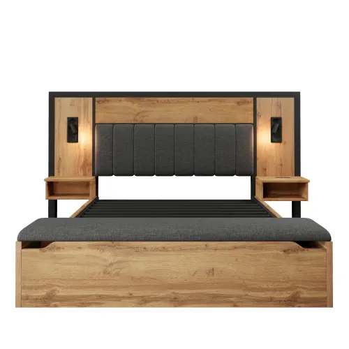 Lit Adulte 160x200 Cm, Lit Avec Lampe Et USB C, Table De Chevet Et Banc, En Bois Et Lin, Chêne
