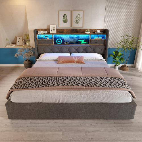 Lit Coffre 160x200 Cm, Lit Avec Tête De Lit LED, 4 Stations De Charge USB Et Type-c, En Lin Gris