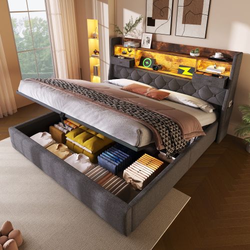 Lit Coffre 160x200 Cm, Lit Avec Tête De Lit LED, 4 Stations De Charge USB Et Type-c, En Lin Gris