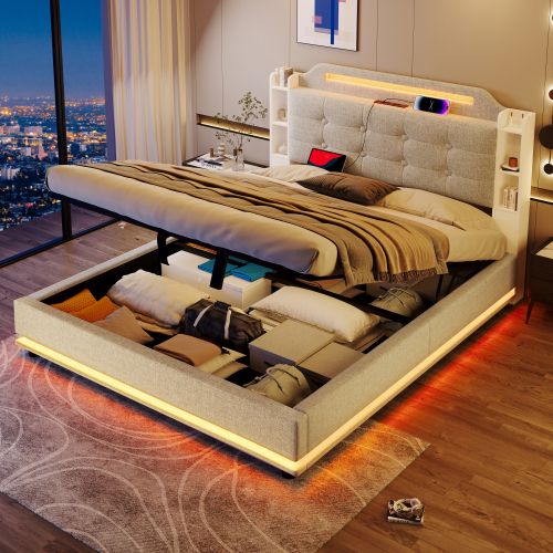 Lit Coffre 140x200 Cm Avec Barre Lumineuse LED, USB Et Type-c, En Lin Beige