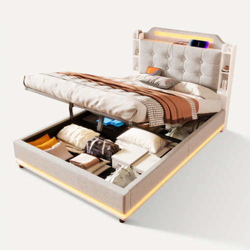 Lit Coffre 140x200 Cm Avec Barre Lumineuse LED, USB Et Type-c, En Lin Beige
