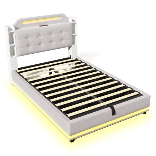 Lit Coffre 140x200 Cm Avec Barre Lumineuse LED, USB Et Type-c, En Lin Beige