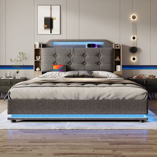 Lit Coffre 140x200 Cm Avec Barre Lumineuse LED, USB Et Type-c, En Lin Gris