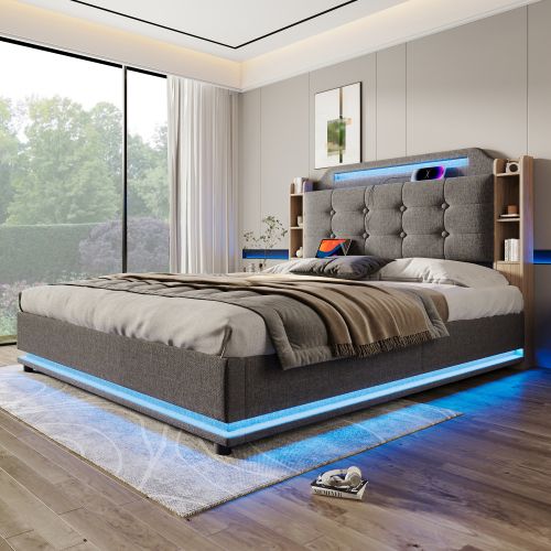 Lit Coffre 140x200 Cm Avec Barre Lumineuse LED, USB Et Type-c, En Lin Gris