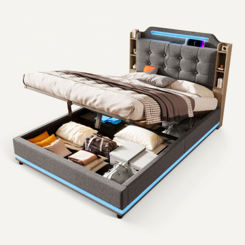 Lit Coffre 140x200 Cm Avec Barre Lumineuse LED, USB Et Type-c, En Lin Gris