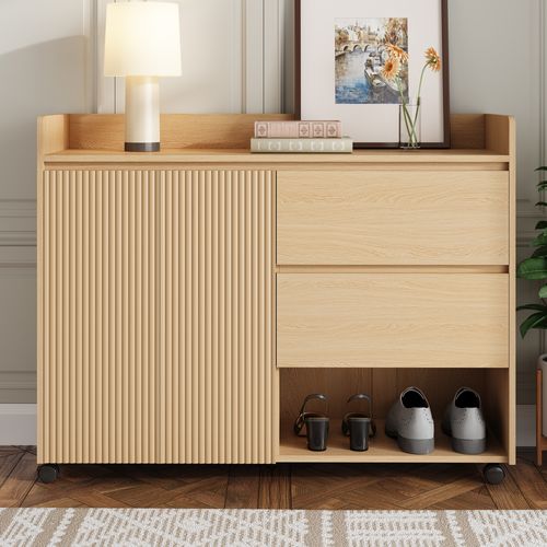 Meuble Chaussures Mobile, Roulettes Universelles Frein, Portes Cintrées Étagères Réglables