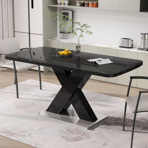 Table à Manger Extensible 120–160 Cm Effet Marbre Noir Avec Pieds Croisés Mdf Et Métal