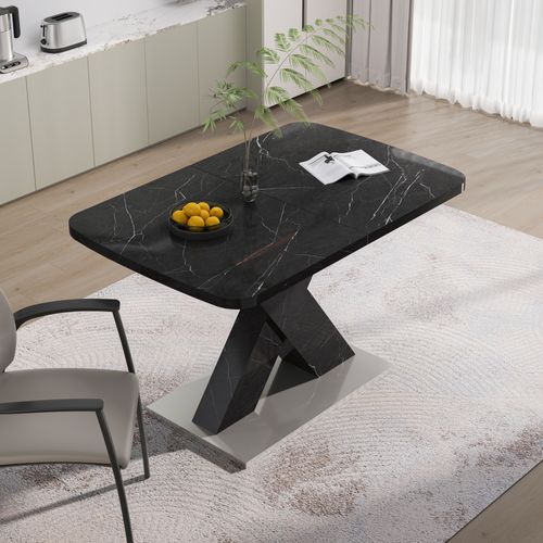 Table à Manger Extensible 120–160 Cm Effet Marbre Noir Avec Pieds Croisés Mdf Et Métal