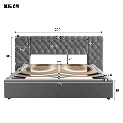 Lit Coffre Hydraulique 160x200 Cm, Lit 2 Place, Avec Éclairage Et Rangements, Velours, Gris