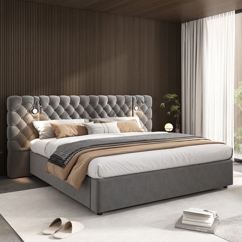 Lit Coffre Hydraulique 160x200 Cm, Lit 2 Place, Avec Éclairage Et Rangements, Velours, Gris