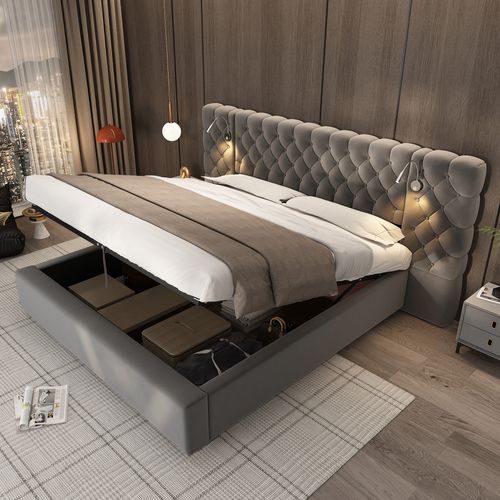 Lit Coffre Hydraulique 160x200 Cm, Lit 2 Place, Avec Éclairage Et Rangements, Velours, Gris