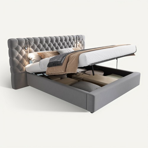Lit Coffre Hydraulique 160x200 Cm, Lit 2 Place, Avec Éclairage Et Rangements, Velours, Gris