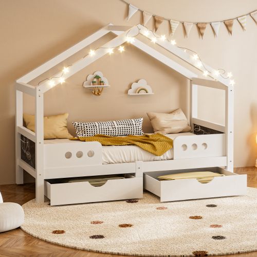 Lit Cabane Enfant Convertible 90x200 Cm / 180x200 Cm - Bois Blanc, Barrière De Sécurité 33 Cm, Charge 150 Kg