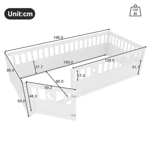 Lit Au Sol 90x190 Cm, Lit Au Sol Bébé, Lit Enfant Avec Barrière De Sécurité, Blanc