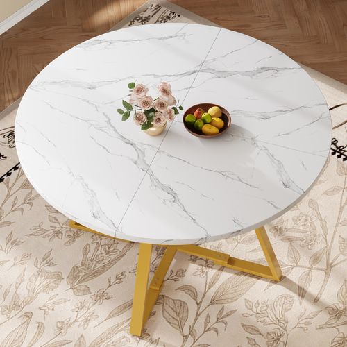 Table à Manger 120x120x75cm, Table Ronde, Rangement, Marbre Motif,  Mdf+métal, Blanc+doré