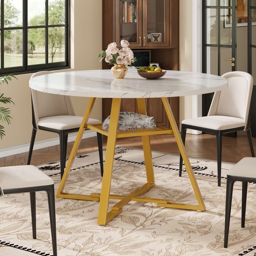 Table à Manger 120x120x75cm, Table Ronde, Rangement, Marbre Motif,  Mdf+métal, Blanc+doré
