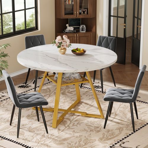 Table à Manger 120x120x75cm, Table Ronde, Rangement, Marbre Motif,  Mdf+métal, Blanc+doré