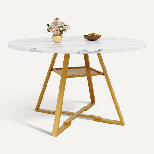 Table à Manger 120x120x75cm, Table Ronde, Rangement, Marbre Motif,  Mdf+métal, Blanc+doré