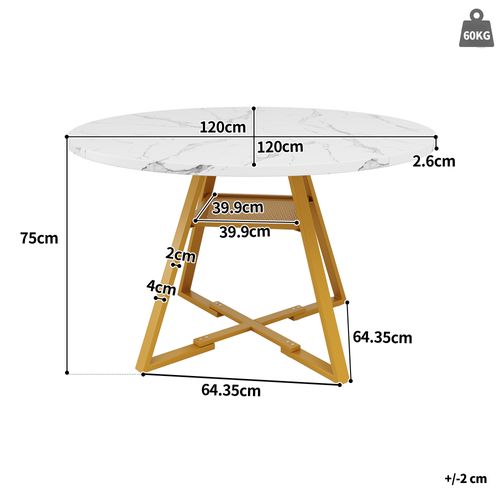Table à Manger 120x120x75cm, Table Ronde, Rangement, Marbre Motif,  Mdf+métal, Blanc+doré