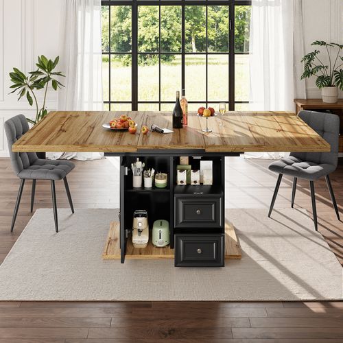 Table à Manger 110x80x75cm, Table Extensible Rectangle, Rangement, Moderne, Mdf+métal, Noir+bois