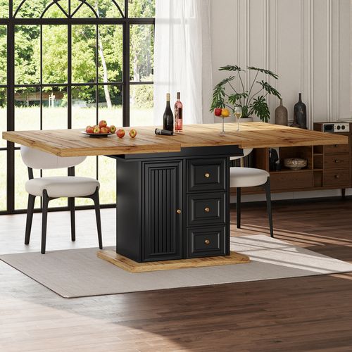 Table à Manger 110x80x75cm, Table Extensible Rectangle, Rangement, Moderne, Mdf+métal, Noir+bois
