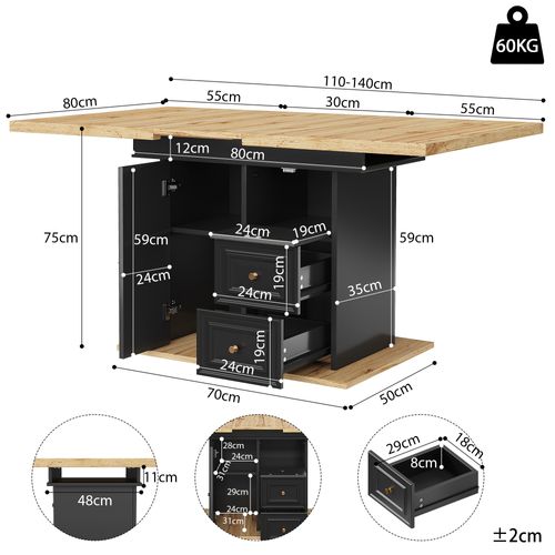 Table à Manger 110x80x75cm, Table Extensible Rectangle, Rangement, Moderne, Mdf+métal, Noir+bois
