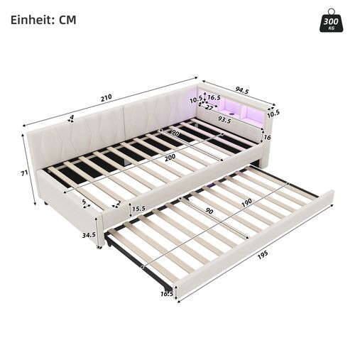 Lit Enfant 90x200 cm Avec Lit Gigogne 90x190 cm, Lumière LED Et Interface USB + Type-c, Lin, Beige