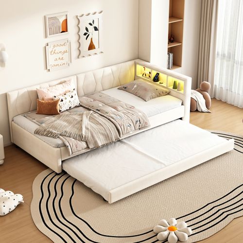 Lit Enfant 90x200 cm Avec Lit Gigogne 90x190 cm, Lumière LED Et Interface USB + Type-c, Lin, Beige