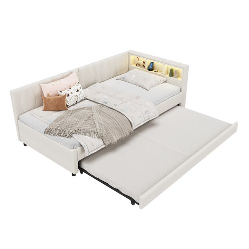 Lit Enfant 90x200 cm Avec Lit Gigogne 90x190 cm, Lumière LED Et Interface USB + Type-c, Lin, Beige