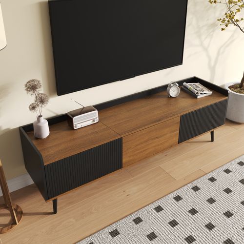 Meuble TV L.160cm Noir Et Bois Avec 3 Portes, Rangement Optimal, Pieds En Bois Robustes