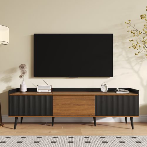 Meuble TV L.160cm Noir Et Bois Avec 3 Portes, Rangement Optimal, Pieds En Bois Robustes