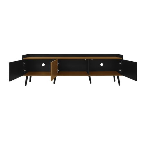 Meuble TV L.160cm Noir Et Bois Avec 3 Portes, Rangement Optimal, Pieds En Bois Robustes