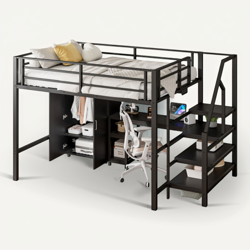 Lit Mezzanine 140x200 Cm Avec Armoire, Étagères, Échelle De Rangement, Bureau, En Métal, Noir